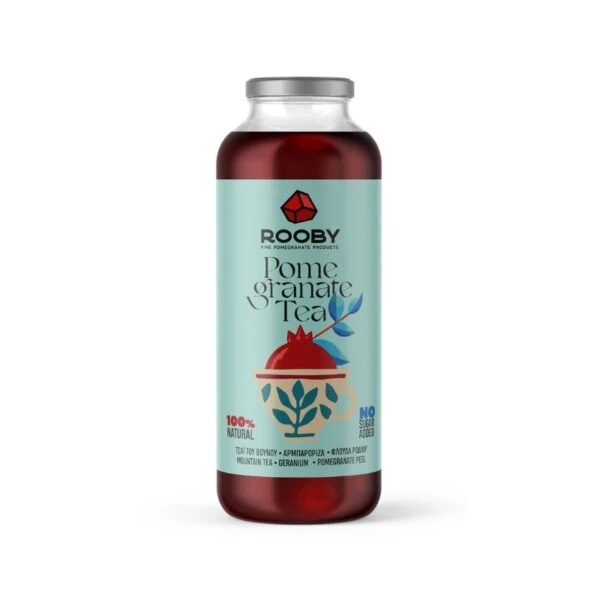 Glasflasche Wellness Granatapfel-Eistee mit Geranienblüten und Granatapfelsaft